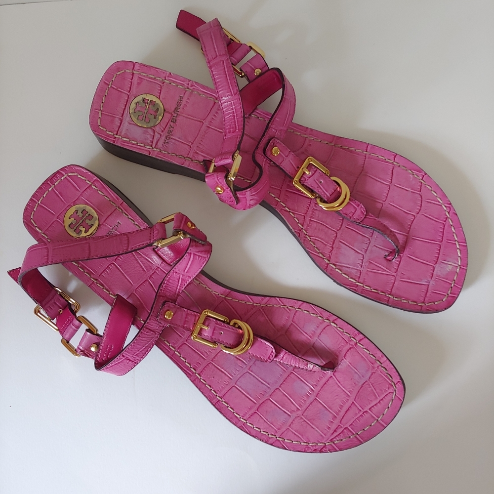 Tory Burch Trent Croc Leather Demi Wedge Thong Sandals Size 10